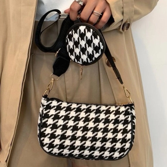 Black & White Houndstooth Convertible Crossbody Bag with Coin Pouch | NEW - Picture 2 of 11